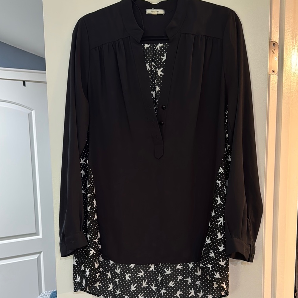 Pleione Black and White Long Sleeve Mandarin Collar Blouse